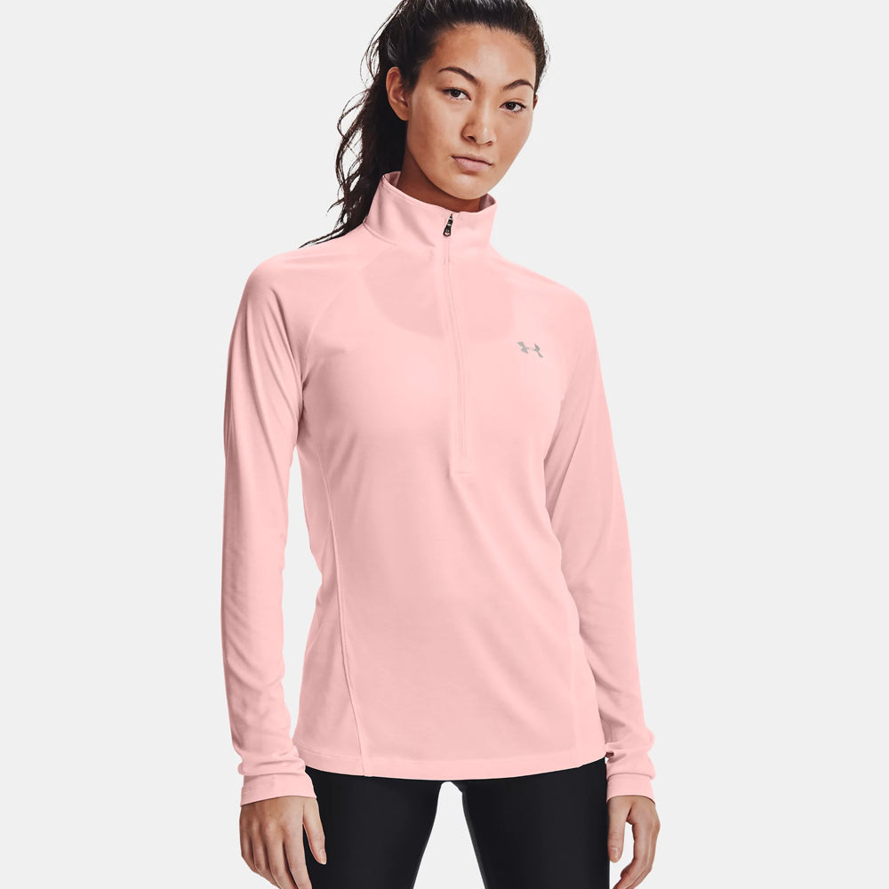 chandail a demi zip under armour rose blush avec logo au coeur