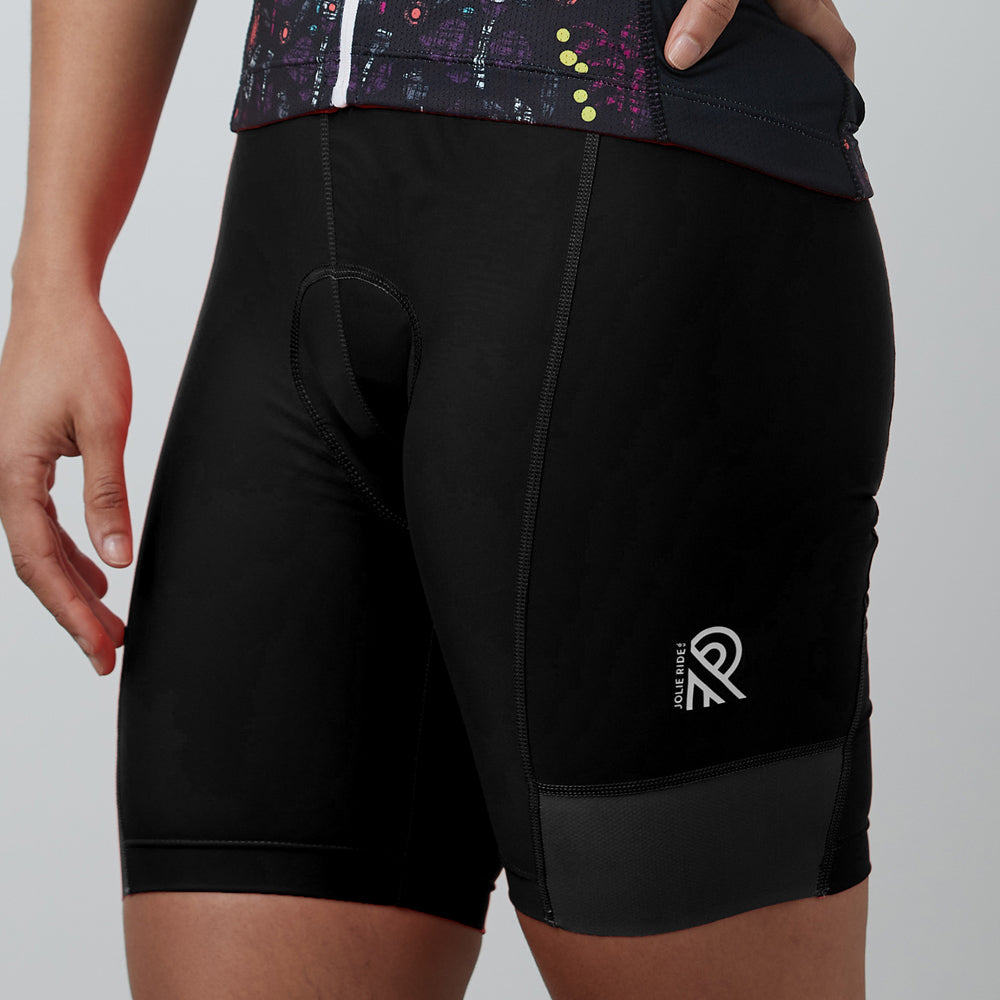 JR609 BLK cuissard de vélo jolie ride noir de 20cm de long avec logo sur la cuisse gauche vue de face
